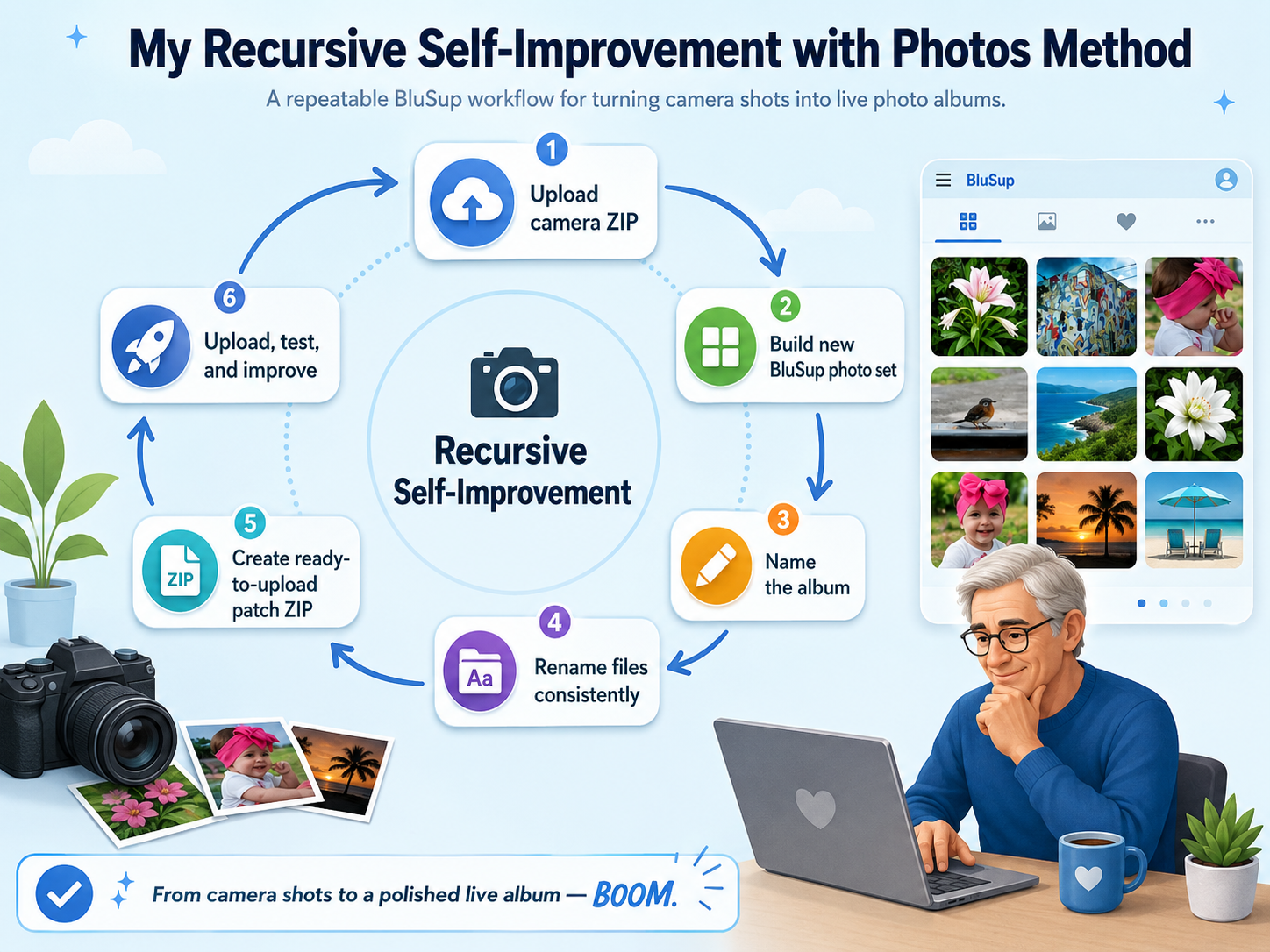 Recursive self-improvement with photos workflow graphic