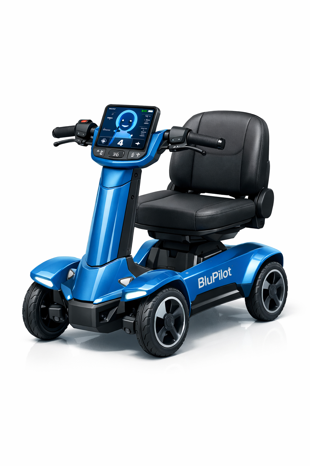 Blue BluPilot mobility concept with four wheels, a padded seat, handlebars, and an AI control screen
