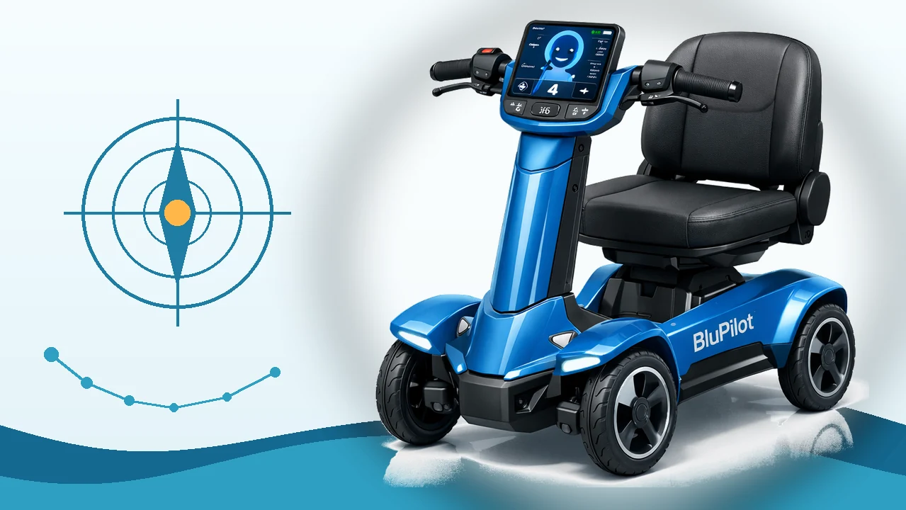 BluPilot AI mobility vehicle with a wide navigation-inspired family-card design