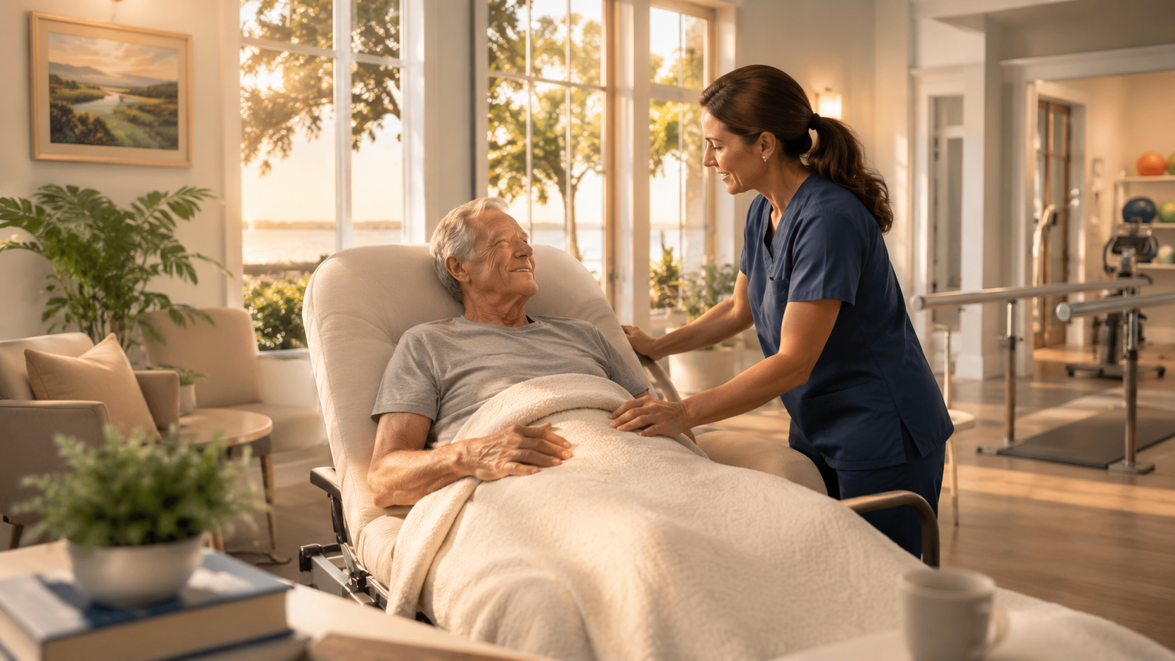 Warm conceptual scene of an older rehabilitation patient speaking with a nurse in a bright care setting