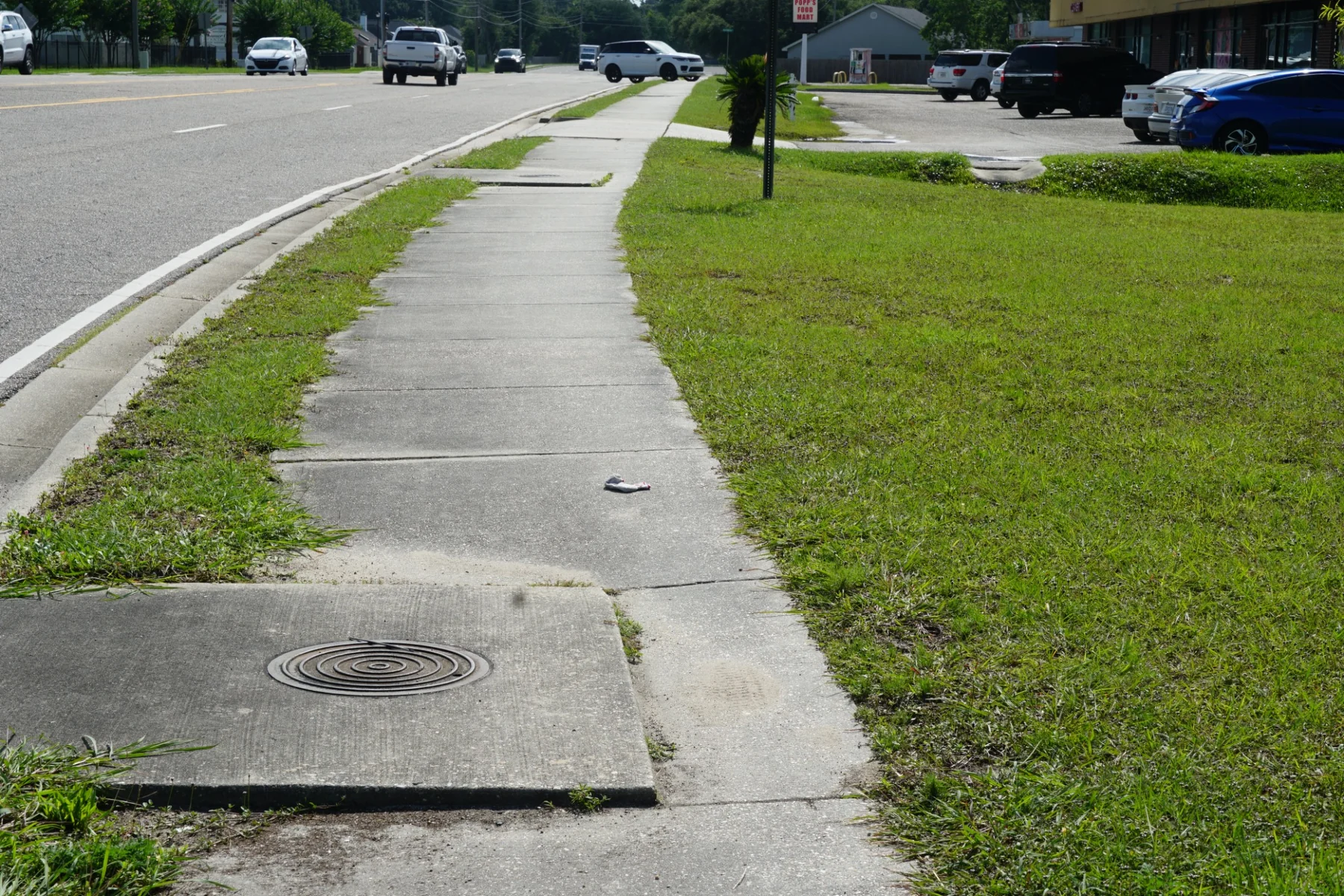 Original camera shot of a typical raised sidewalk obstacle on the route