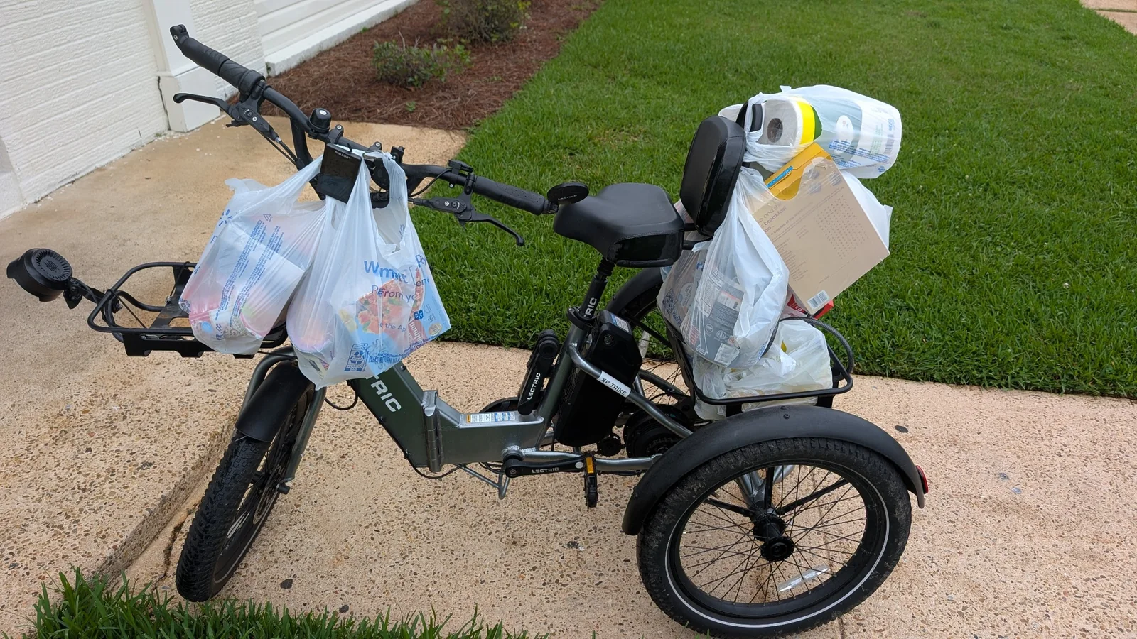 Jim's trike loaded after a successful Walmart grocery run